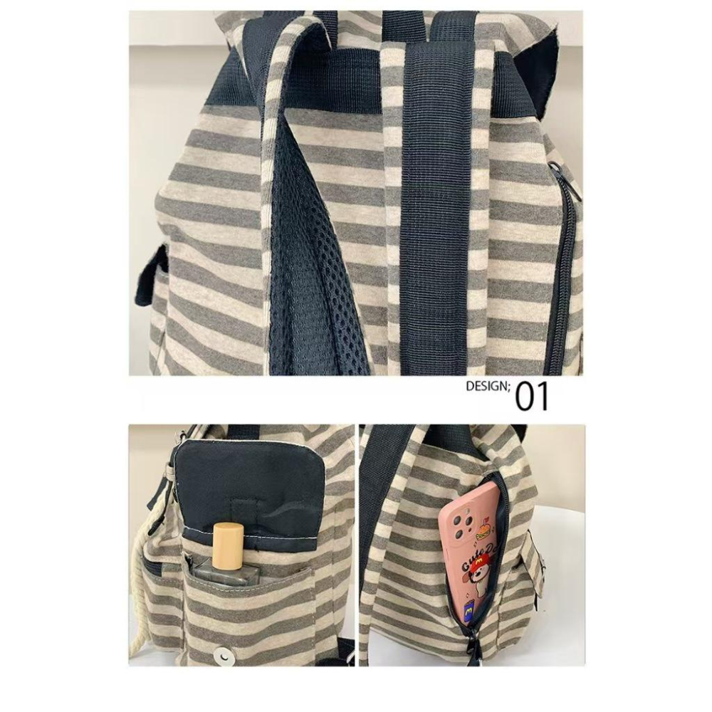 WDF.CO現貨│2025韓國東大門新款橫條雙肩包│黑卡2色大容量帆布雙肩包│格紋雙肩包│旅遊j外出通勤用-細節圖7