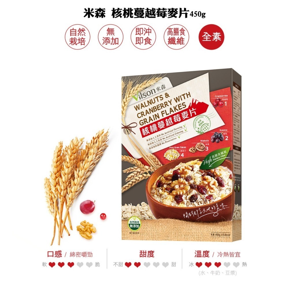 【米森Vilson】 水果麥片系列－水蜜桃草莓麥片300g／核桃蔓越莓麥片450g／藍莓腰果麥片450g-細節圖4