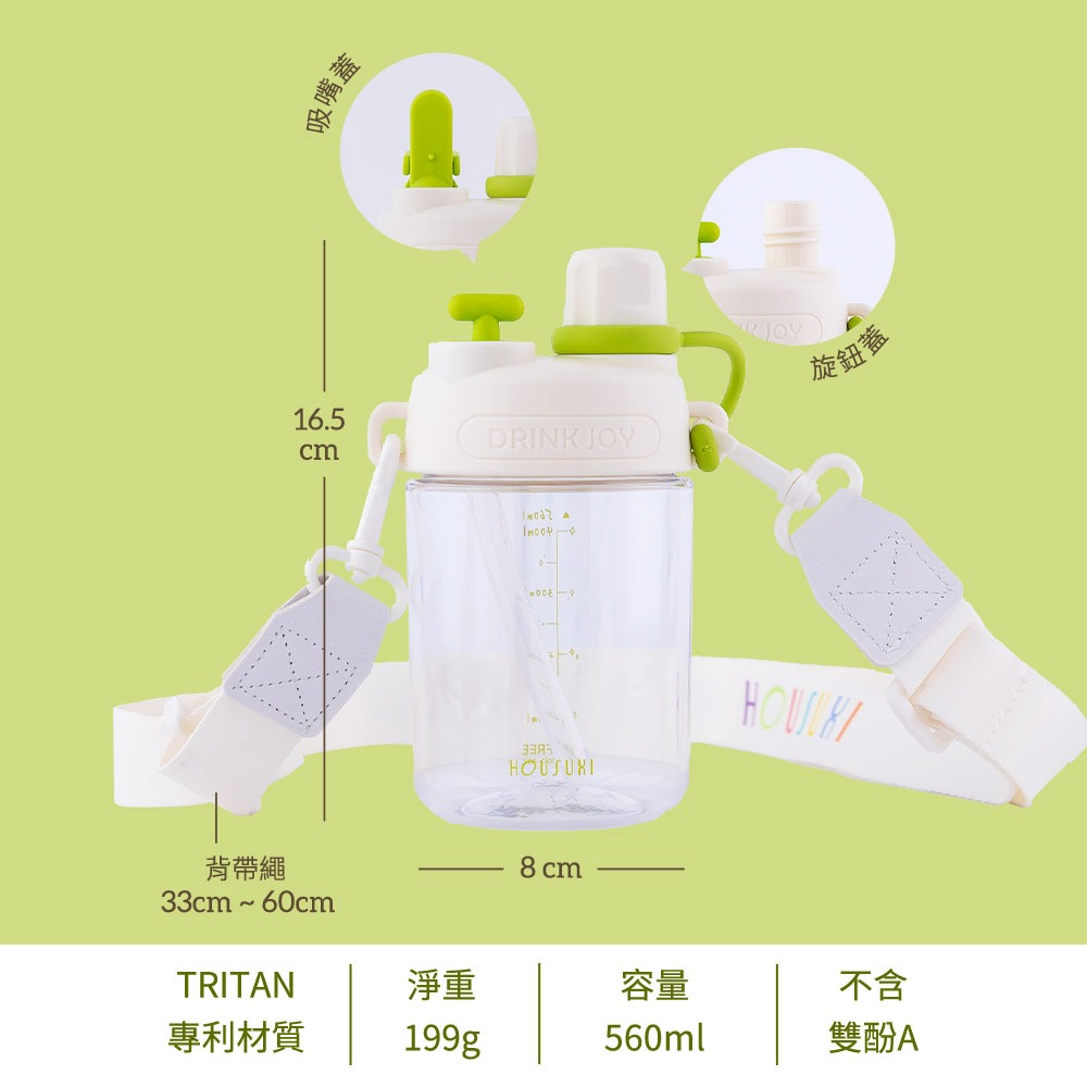 【HOUSUXI舒熙】Tritan雙飲口背帶水瓶560ml-青綠／淺粉-細節圖3