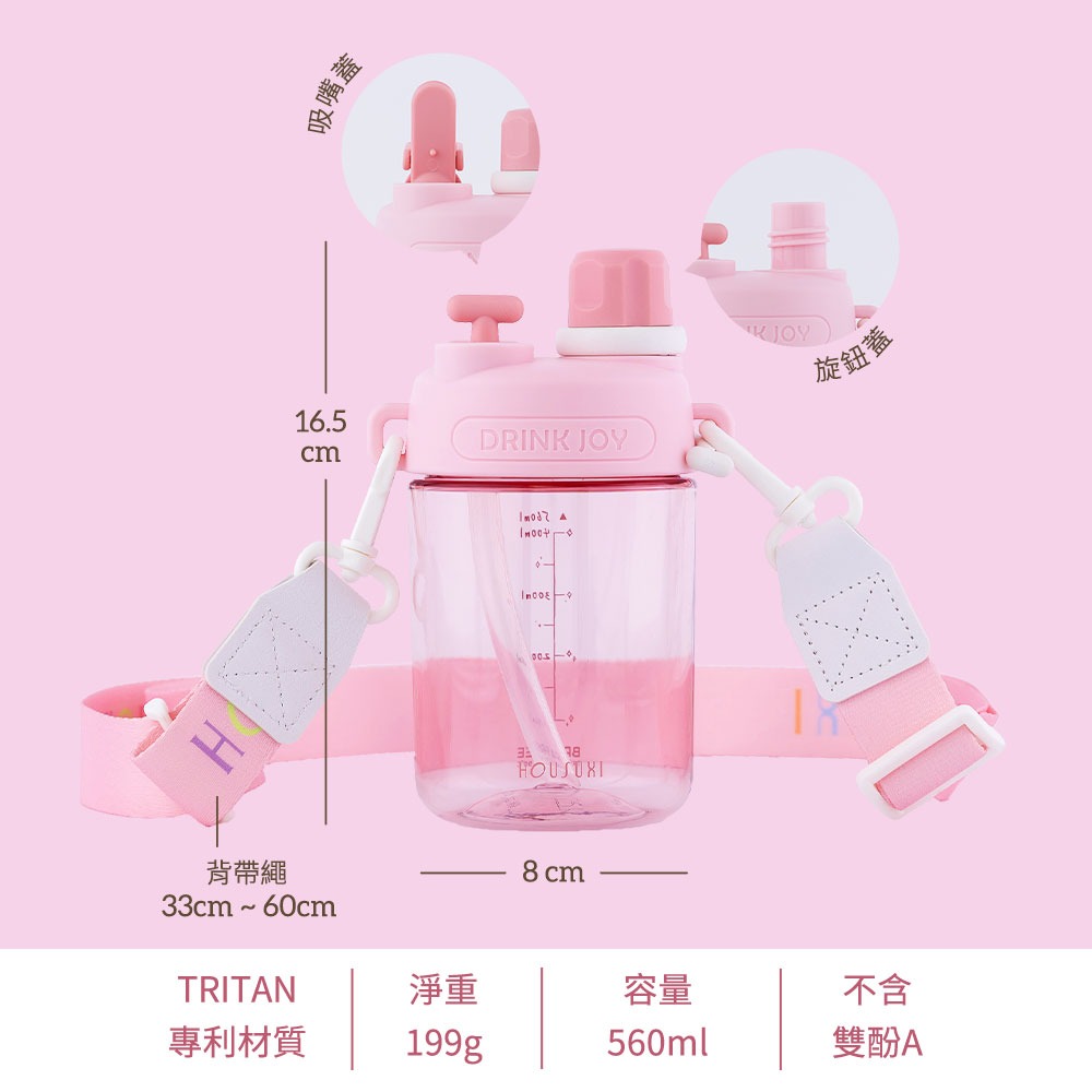 【HOUSUXI舒熙】Tritan雙飲口背帶水瓶560ml-青綠／淺粉-細節圖4
