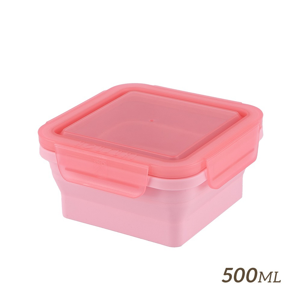 【HOUSUXI舒希】正方形矽膠折折盒500ml－櫻粉／杏橙／嫩黃 #便當盒-規格圖1