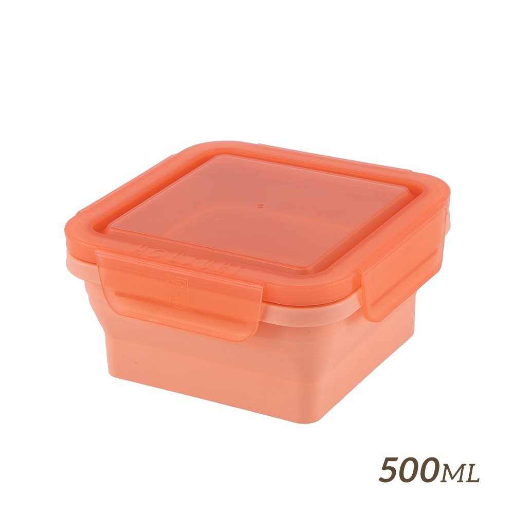 【HOUSUXI舒希】正方形矽膠折折盒500ml－櫻粉／杏橙／嫩黃 #便當盒-規格圖1