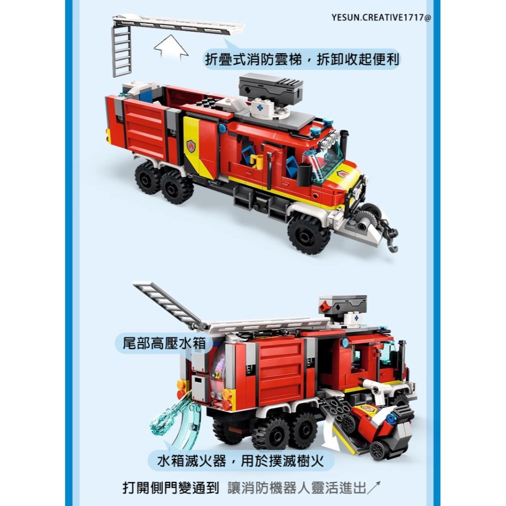 多功能移動消防指揮車502PCS組合/城市消防系列/相容小顆粒積木/折疊式消防雲梯/泡沫噴射滅火裝置/配消防機器人3公仔-細節圖3