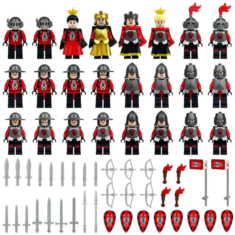 中古世紀城堡暗影紅龍騎士團公仔組/國王皇后組合/盾弓箭中古城堡系列/武器配件/中古士兵戰馬車/積木組合禮物/可與樂高相容-細節圖4