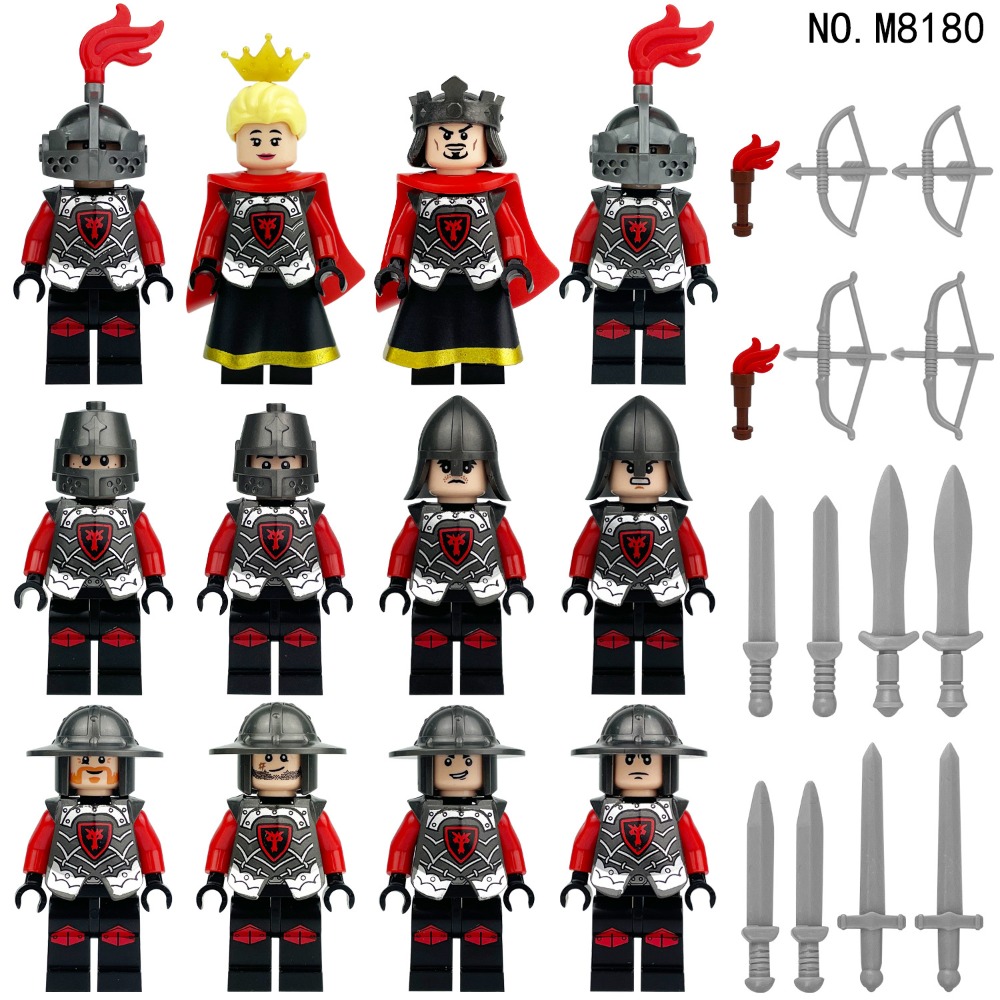 中古世紀城堡暗影紅龍騎士團公仔組/國王皇后組合/盾弓箭中古城堡系列/武器配件/中古士兵戰馬車/積木組合禮物/可與樂高相容-規格圖7
