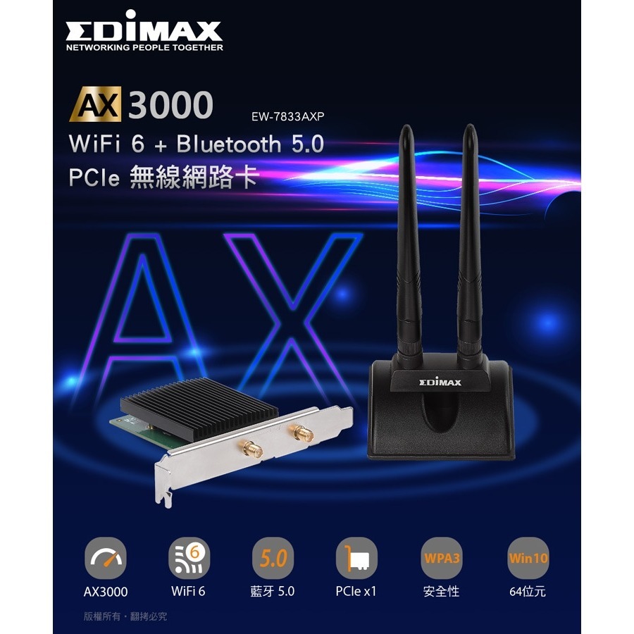 EDIMAX訊舟 AX3000 Wi-Fi 6 + 藍牙5.0 PCIe 無線網路卡-細節圖3