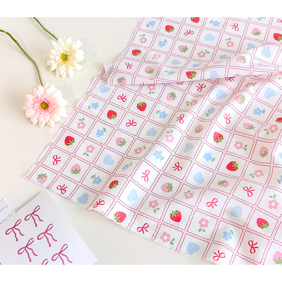 🌸現貨🌸韓國布 純棉布 布料 莓好日記 Berry Diary 草莓 蝴蝶結 格紋 手作 材料 DIY-細節圖4
