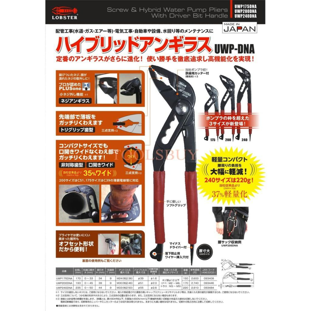 蝦牌 LOBSTER UWP200DNA UWP240DNA UWP175 輕量型 可調式 水管鉗 #D1-1#日本製造-細節圖2