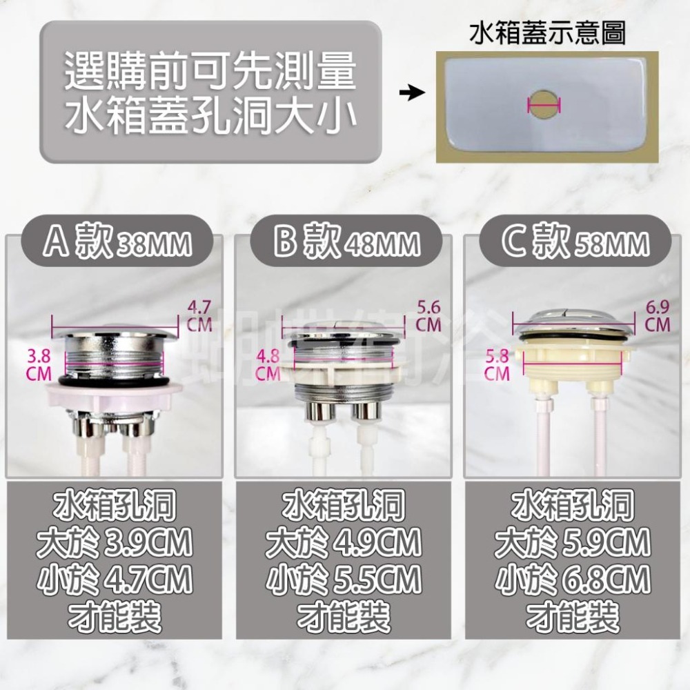 蝴蝶衛浴~【台製 歐式馬桶按鈕開關】按鍵式兩段沖水開關.沖水按鈕. 歐式上押開關.38MM.48MM.58MM-細節圖3