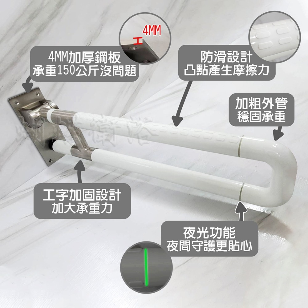 蝴蝶衛浴~抗菌安全扶手【夜光+防滑設計】手動上翻浴室扶手.無障礙.不鏽鋼.浴室.廁所.上掀扶手.通過SGS抗菌測試-細節圖5
