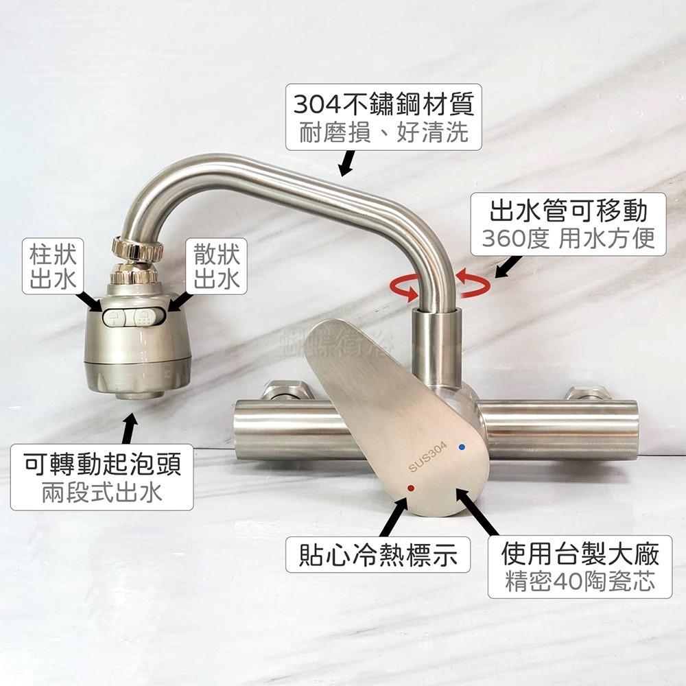 蝴蝶衛浴~【LF無鉛認證 40芯】304不鏽鋼廚房無鉛水龍頭.冷熱混合.壁式龍頭.出水管可移動.兩段出水-細節圖5