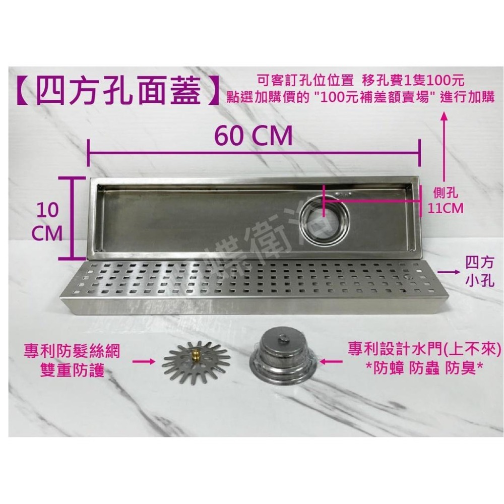 蝴蝶衛浴~【現貨 四角孔面蓋】台製.阿水師㊣304不鏽鋼10*30~10*120.集水槽.長條型落水頭.可客訂-細節圖2