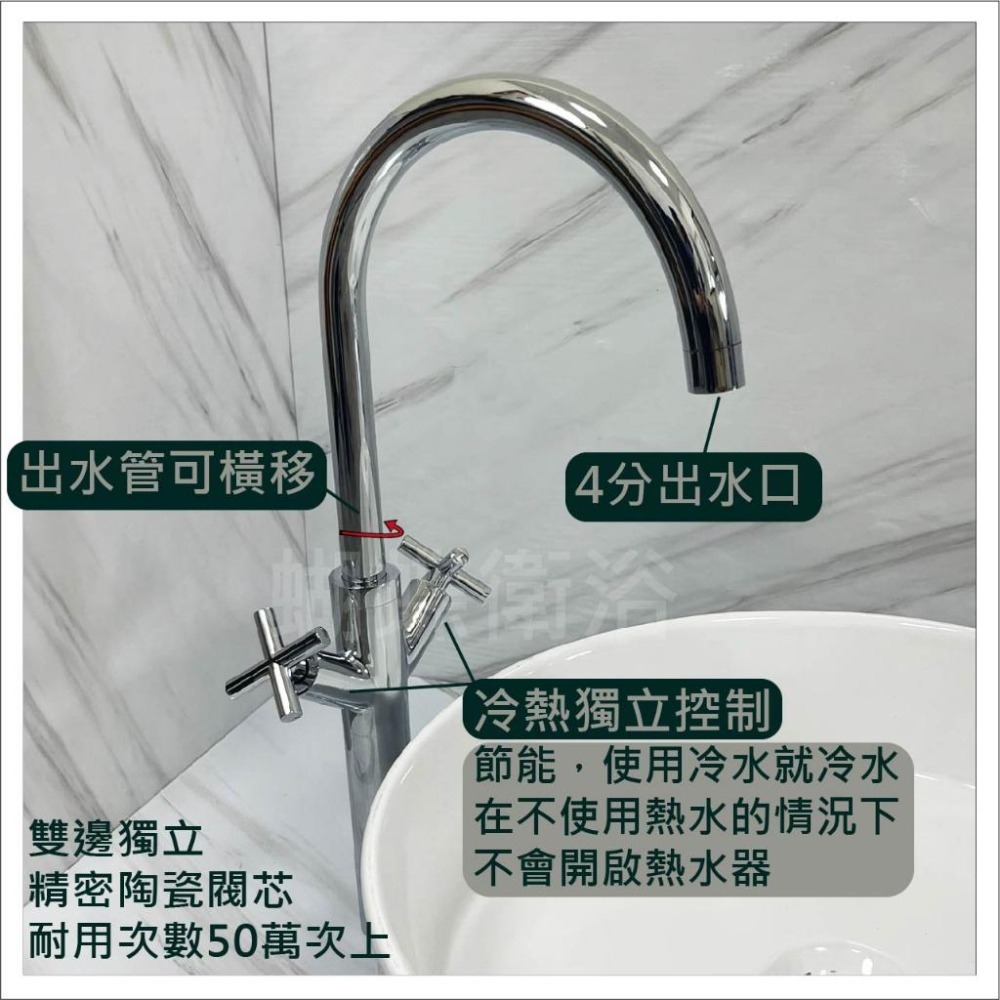 蝴蝶衛浴~【雙開關加高水龍頭 】檯上盆桌上盆水龍.精密陶瓷心.大流量.獨立控制.冷熱混合.-細節圖4