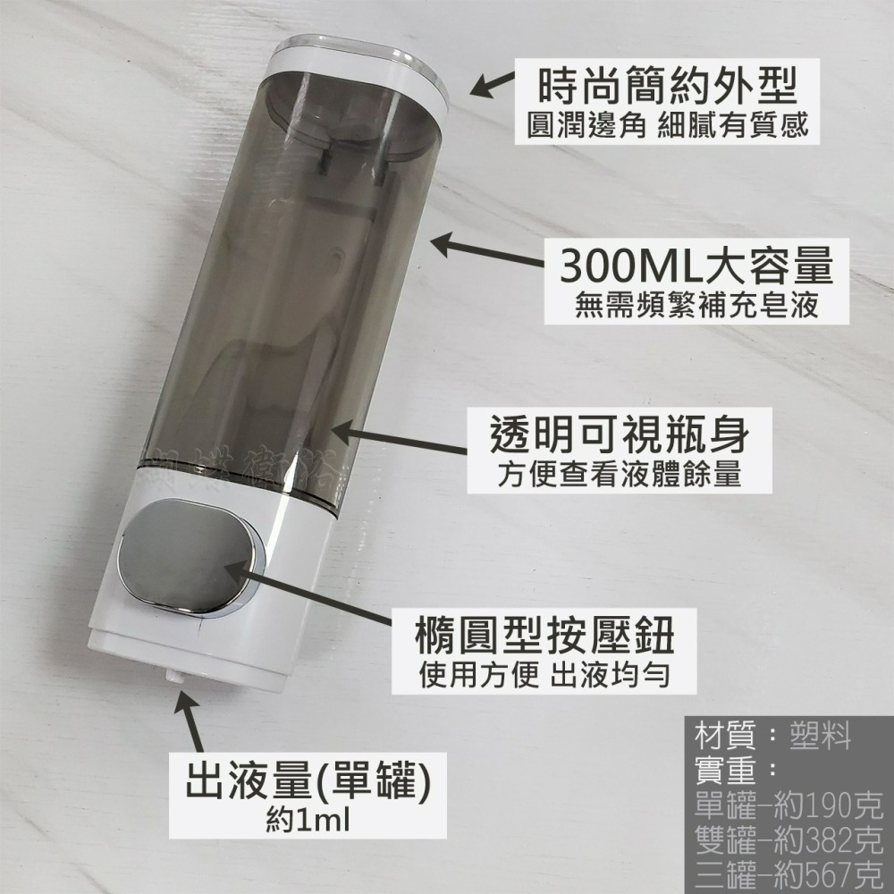 蝴蝶衛浴~【壁掛式給皂罐300ml】單罐/雙罐/三罐.按壓出液.洗手乳/洗髮精/沐浴乳適用.皂液器.沐浴罐-細節圖5