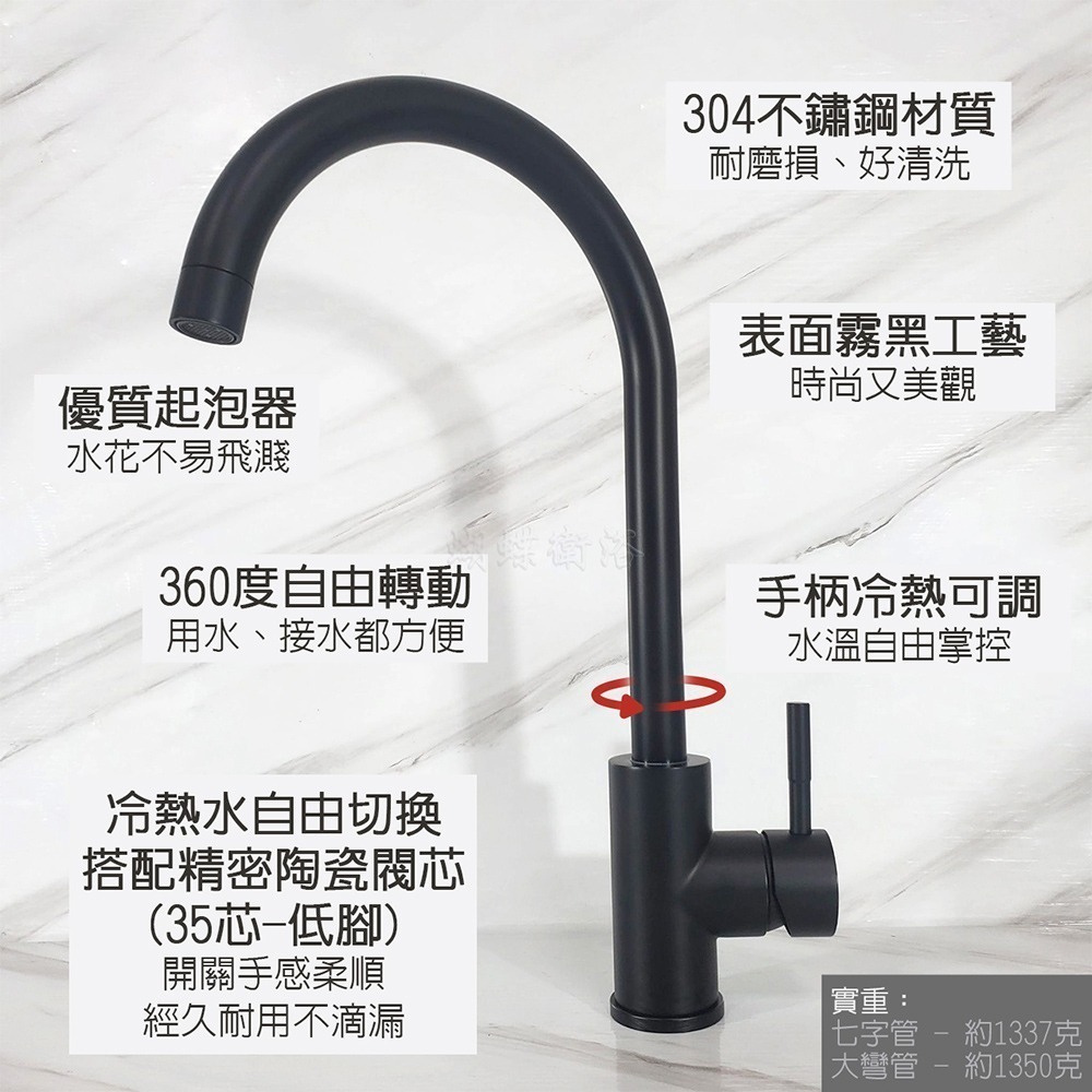 蝴蝶衛浴~304不鏽鋼【單孔檯面龍頭】35芯.冷熱混合.高質感霧黑.大彎管.七字管.冷熱水龍頭-細節圖5
