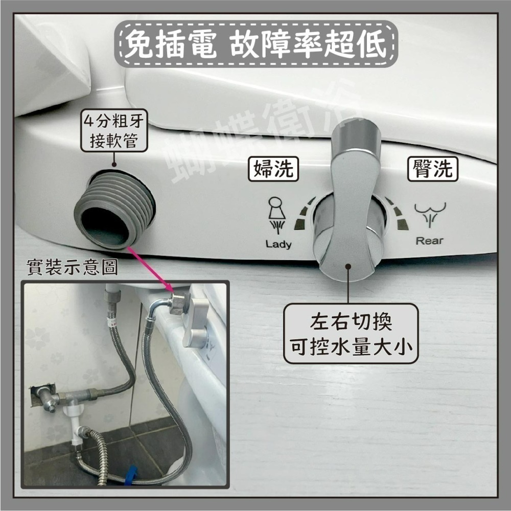蝴蝶衛浴~【免插電免痔馬桶蓋】緩降+沖洗馬桶蓋.下鎖上鎖皆可.馬桶蓋.兩種出水模式-細節圖3