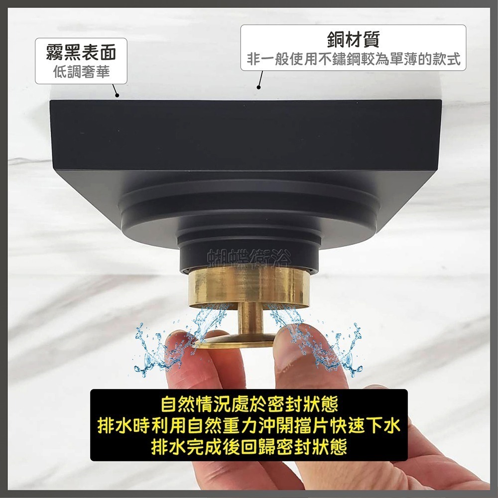 蝴蝶衛浴~台製【地板落水頭(10*10cm)】霧黑.方型1.5＂.雙重過濾.防蟲防臭.地排-細節圖4