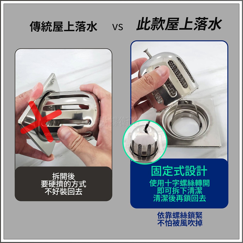 蝴蝶衛浴~304不鏽鋼【ST中屋上落水】固定式.附防蟲網.屋頂落水頭.2＂.10x10-細節圖3