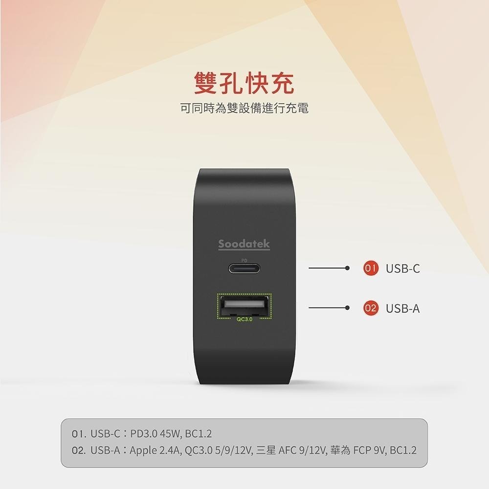 Soodatek PD 45W 雙孔高速充電器 折疊式插頭 方便攜帶 BSMI認證 可同時充兩台設備-細節圖5