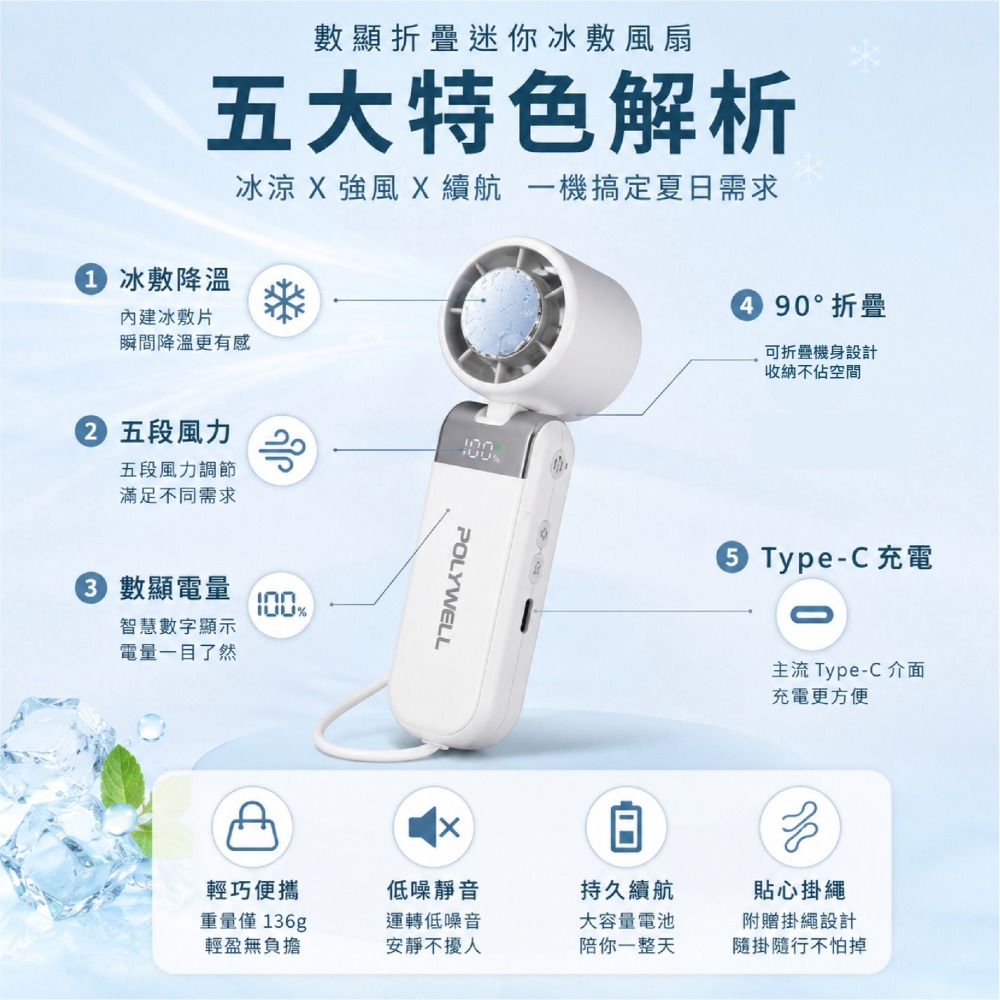 【現貨】折疊冰敷風扇 迷你風扇 冰敷風扇 摺疊風扇 數位顯示風扇 風扇 小風扇 半導體致冷 有掛繩 100段風速-細節圖2