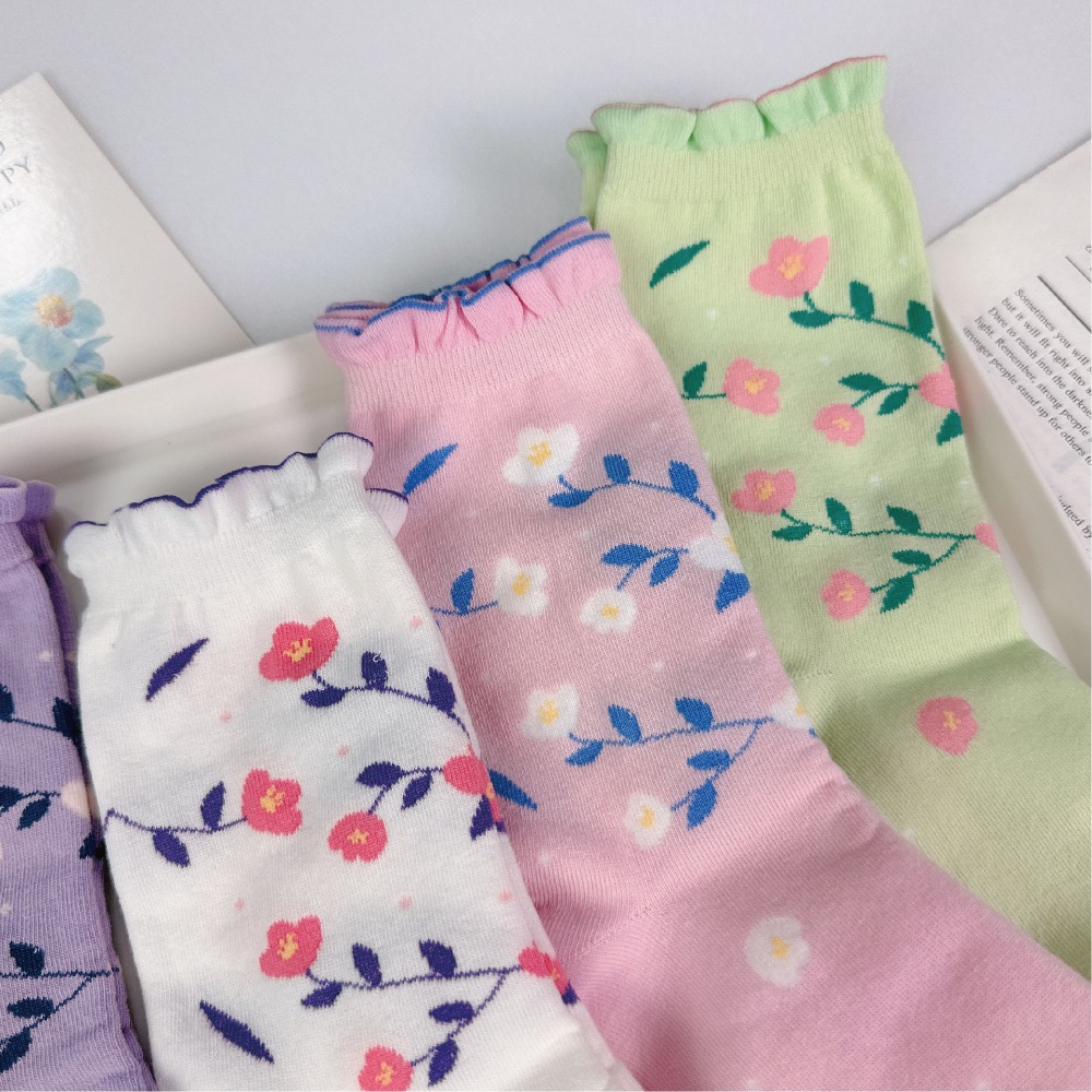 【OTOBAI】女生襪子 花朵襪子 中筒襪 韓國長襪 可愛襪子 韓國襪子 SOCKS 中統襪 棉襪 襪子 薄襪 韓國襪-細節圖7
