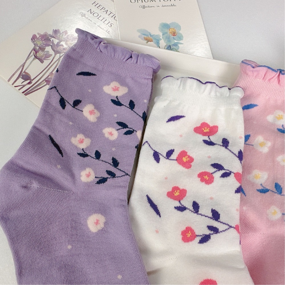 【OTOBAI】女生襪子 花朵襪子 中筒襪 韓國長襪 可愛襪子 韓國襪子 SOCKS 中統襪 棉襪 襪子 薄襪 韓國襪-細節圖8