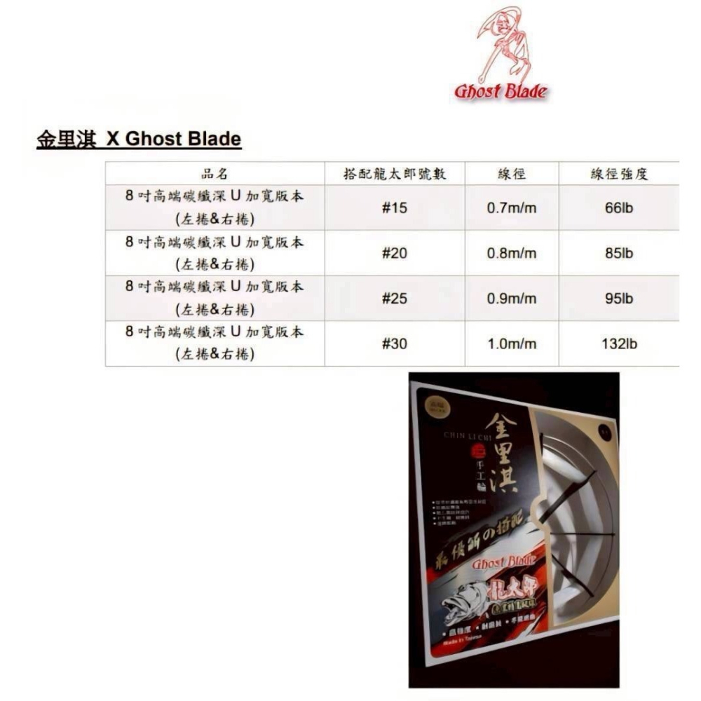 金里淇× Ghost Blade 龍太郎特高級漁業用線 聯名套裝 8吋高端碳纖深U加寬牛車輪 +龍太郎特高級漁業用線-細節圖4