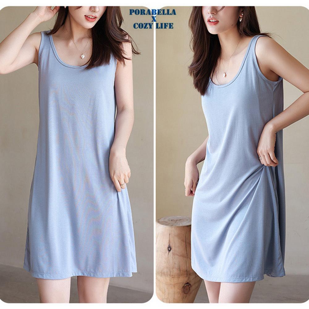 <Porabella現貨>冰絲 冰絲裙子 有胸墊 免穿內衣 休閒睡衣 涼感裙 家居服-細節圖7