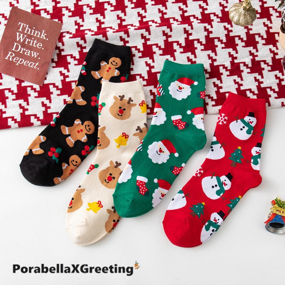 <Porabella現貨>4雙一組【附盒子】聖誕節 聖誕襪 中筒襪 聖誕老公公 麋鹿 雪人 薑餅人 聖誕交換禮物-細節圖3