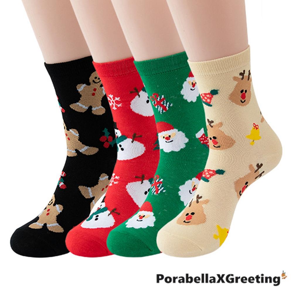<Porabella現貨>4雙一組【附盒子】聖誕節 聖誕襪 中筒襪 聖誕老公公 麋鹿 雪人 薑餅人 聖誕交換禮物-細節圖7