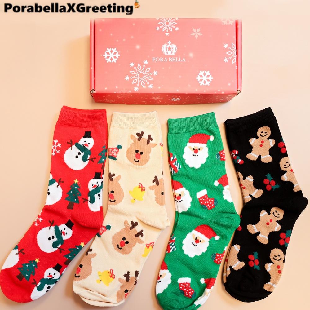 <Porabella現貨>4雙一組【附盒子】聖誕節 聖誕襪 中筒襪 聖誕老公公 麋鹿 雪人 薑餅人 聖誕交換禮物-細節圖8