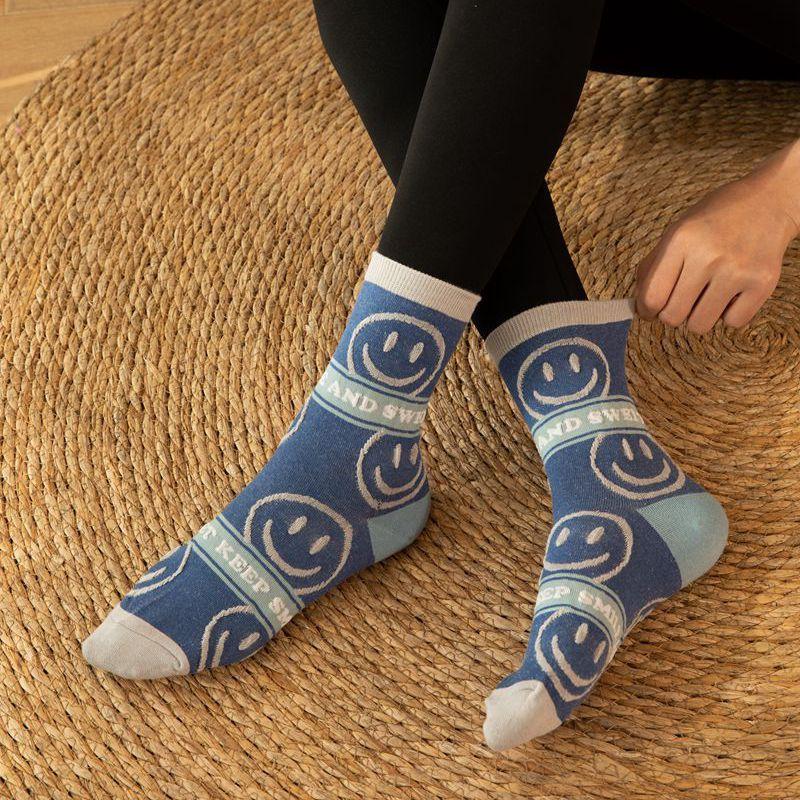 <Porabella>現貨韓國襪 堅持微笑英字浮水笑臉 微笑襪A組 中筒襪 男女襪 條紋襪 塗鴉襪 撞色襪socks-細節圖3