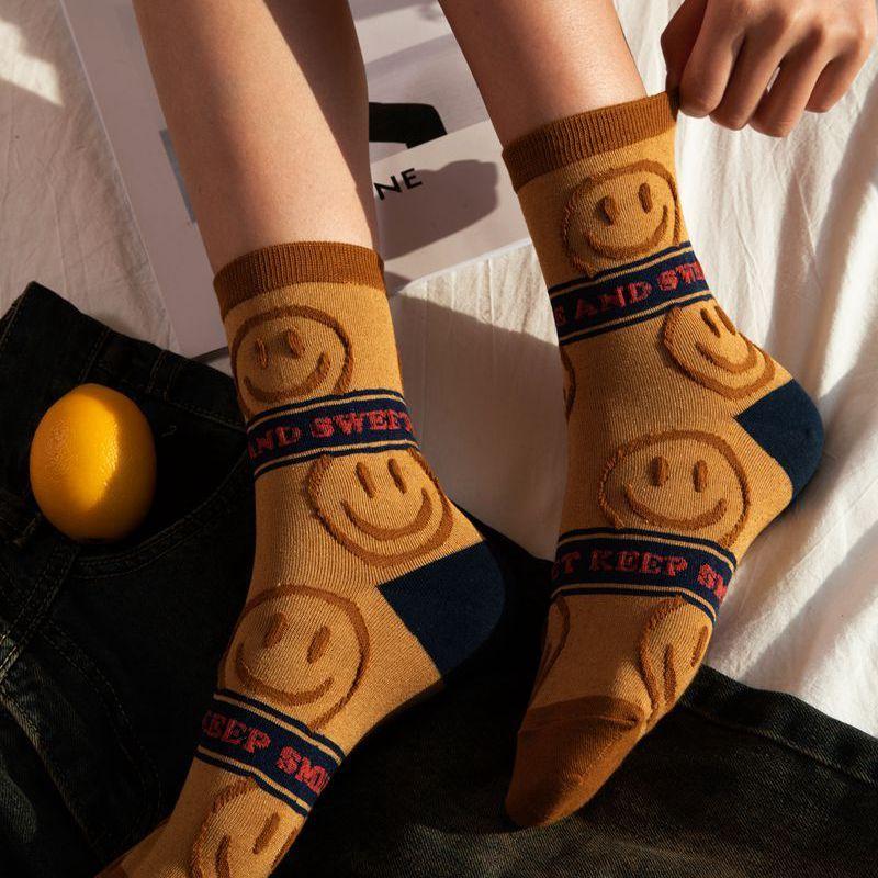 <Porabella>現貨韓國襪 堅持微笑英字浮水笑臉 微笑襪A組 中筒襪 男女襪 條紋襪 塗鴉襪 撞色襪socks-細節圖5