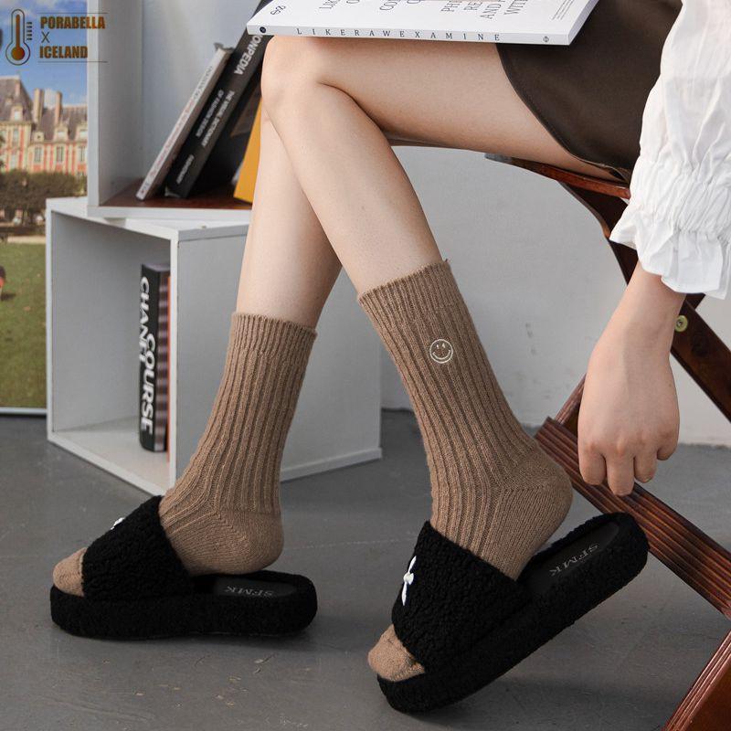 <Porabella>現貨羊毛襪  笑臉刺繡柔軟羊毛襪 加厚羊毛襪 女生中筒襪保暖羊毛襪女生襪子SOCKS(均碼)-細節圖3