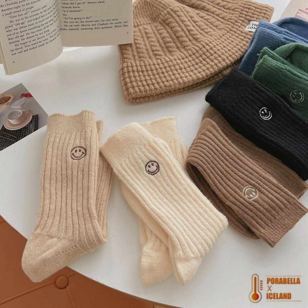 <Porabella>現貨羊毛襪  笑臉刺繡柔軟羊毛襪 加厚羊毛襪 女生中筒襪保暖羊毛襪女生襪子SOCKS(均碼)-細節圖5