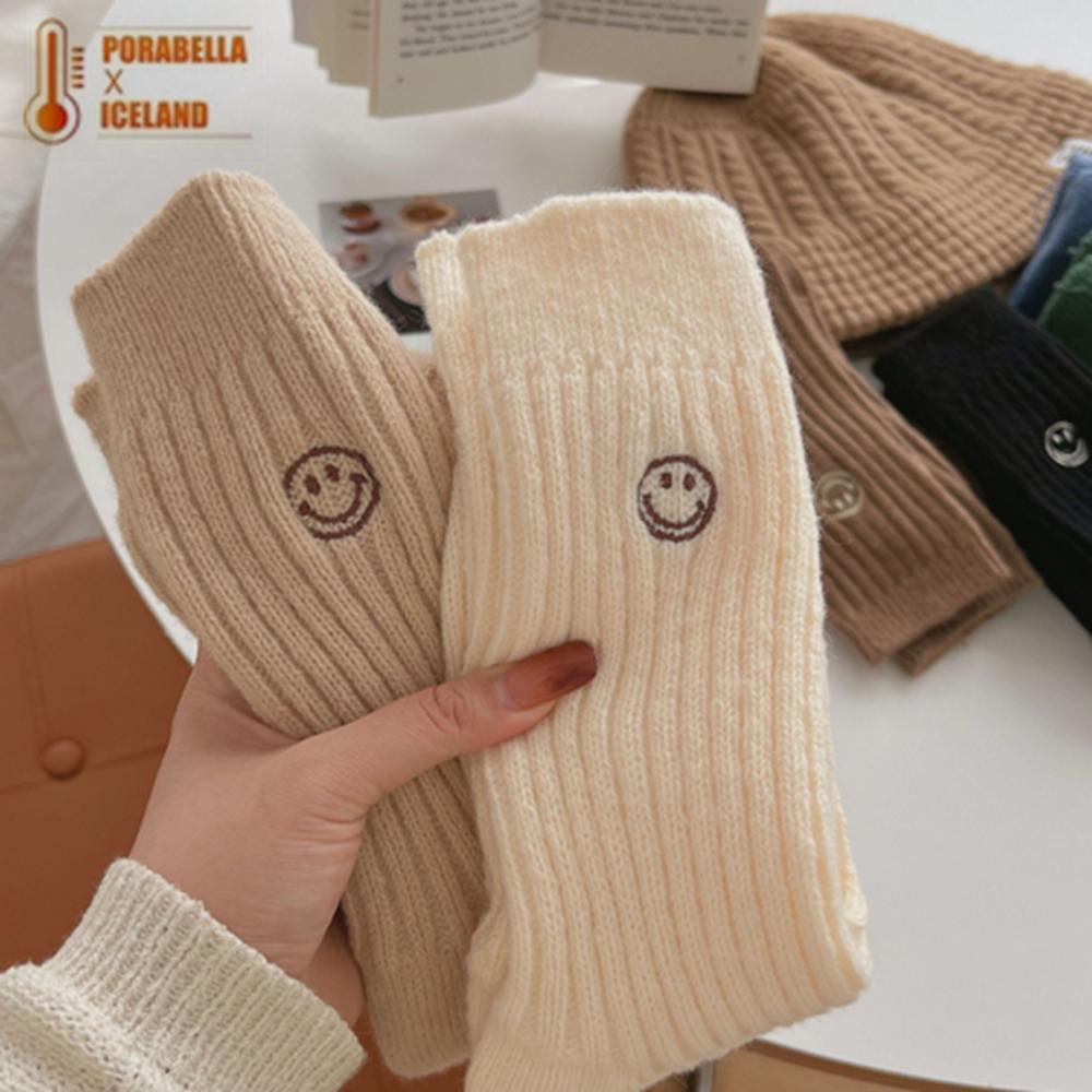 <Porabella>現貨羊毛襪  笑臉刺繡柔軟羊毛襪 加厚羊毛襪 女生中筒襪保暖羊毛襪女生襪子SOCKS(均碼)-細節圖8