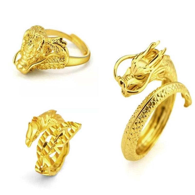 高度仿真24K金男用黃金戒指， 活動式戒圍可調，K金戒指，不掉色（龍）H06-細節圖2