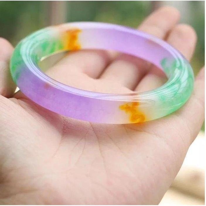 《宮廷珠寶》精選冰種五彩飄花圓條通透翡翠玉鐲，古樸寶光，玉質細膩H18-細節圖2