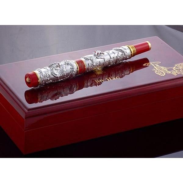 世界名牌，中國之最，金豪紅邊18K白金色紅寶石，皇家御用鋼筆／鋼珠筆（雙龍傳說）-細節圖2