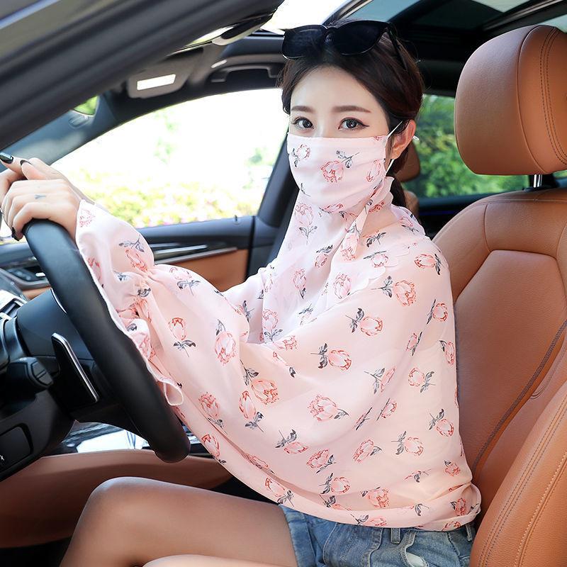 防曬披肩女冰絲披肩防紫外線披肩面紗套裝夏季韓版開車騎車鬥篷女-細節圖2