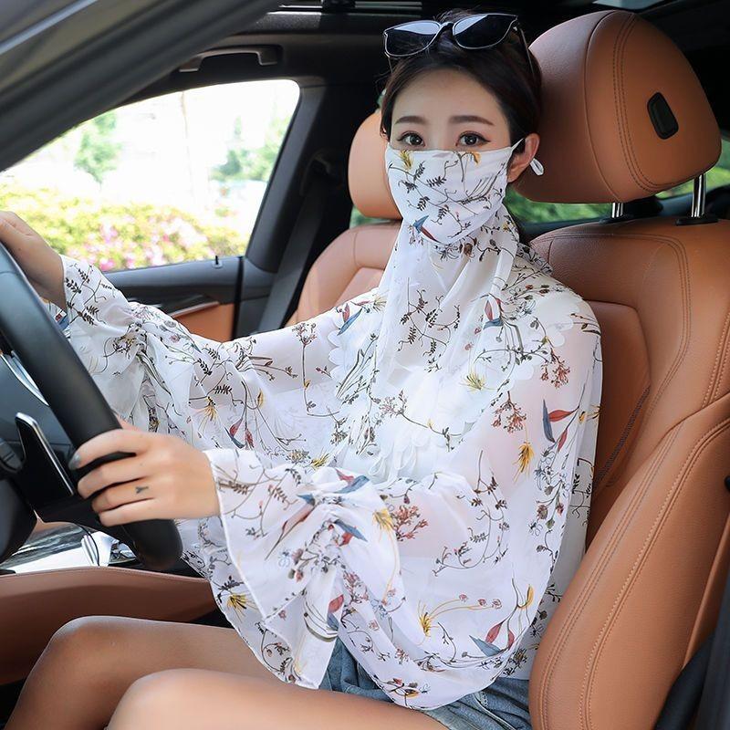 防曬披肩女冰絲披肩防紫外線披肩面紗套裝夏季韓版開車騎車鬥篷女-細節圖5