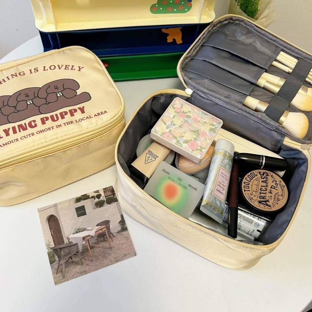 可愛咖啡修狗 大容量化妝包 ins 手提 便攜 收納包 洗漱包 出國 化妝收納 化妝品-細節圖2