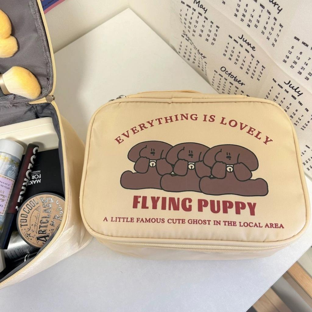 可愛咖啡修狗 大容量化妝包 ins 手提 便攜 收納包 洗漱包 出國 化妝收納 化妝品-細節圖4