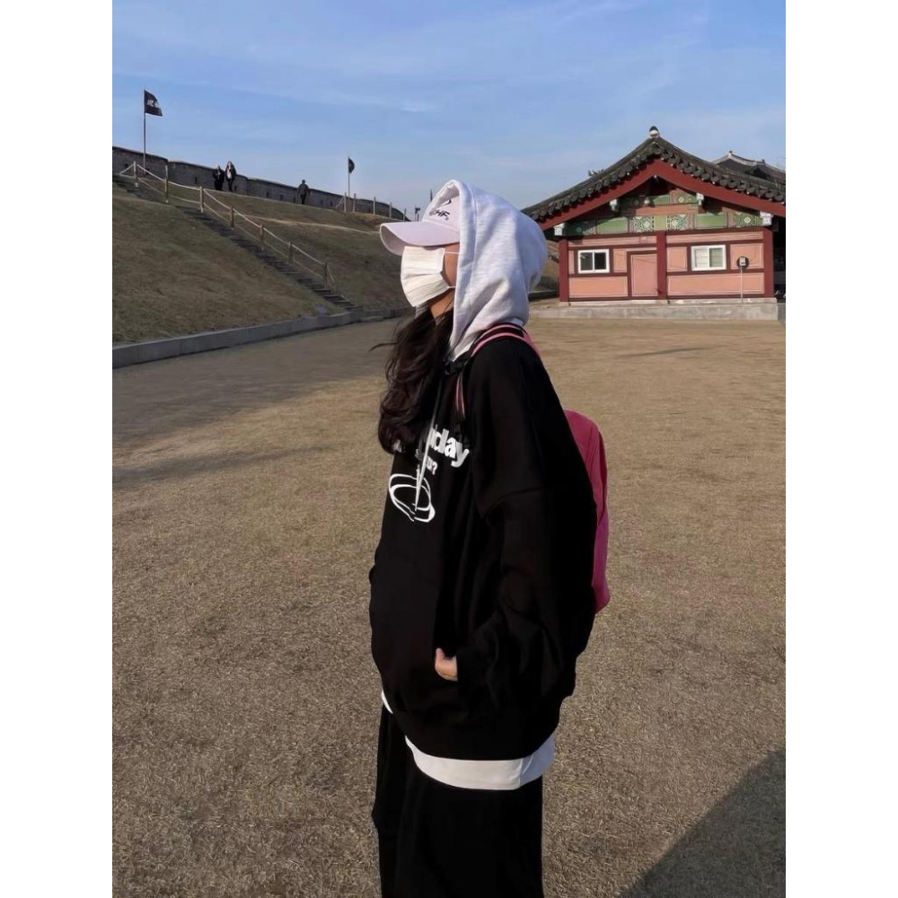 拼接撞色重磅寬大帽T 帽T 韓版 帽踢 情侶衣 長袖  刺繡 內刷毛 寬鬆 男女皆可 落肩 男裝 撞色感-細節圖3