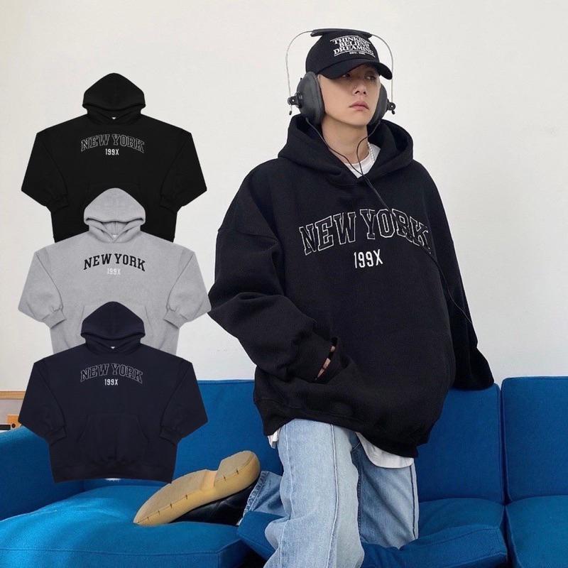 韓國 199X NEW YORK 刺繡 刷毛 帽T 韓版 帽踢 情侶衣 長袖  刺繡 內刷毛 寬鬆 男女皆可 落肩 男裝-細節圖2