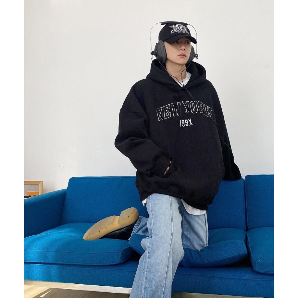 韓國 199X NEW YORK 刺繡 刷毛 帽T 韓版 帽踢 情侶衣 長袖  刺繡 內刷毛 寬鬆 男女皆可 落肩 男裝-細節圖3