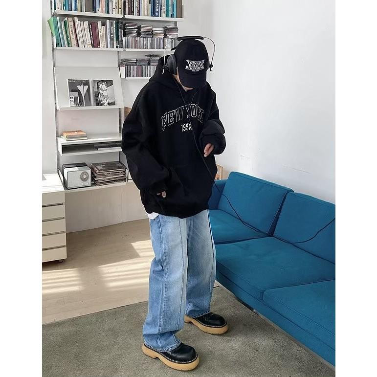 韓國 199X NEW YORK 刺繡 刷毛 帽T 韓版 帽踢 情侶衣 長袖  刺繡 內刷毛 寬鬆 男女皆可 落肩 男裝-細節圖4