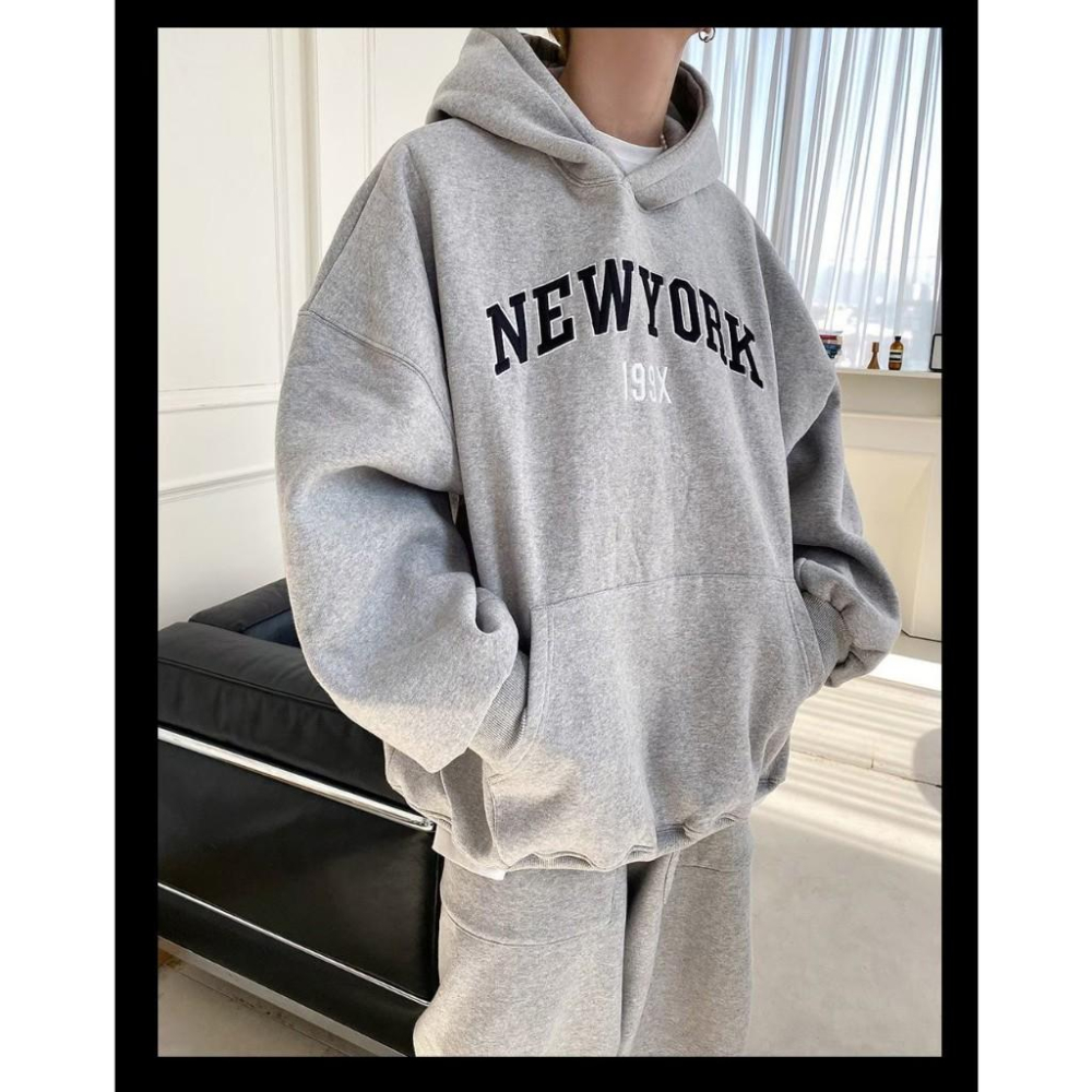 韓國 199X NEW YORK 刺繡 刷毛 帽T 韓版 帽踢 情侶衣 長袖  刺繡 內刷毛 寬鬆 男女皆可 落肩 男裝-細節圖5