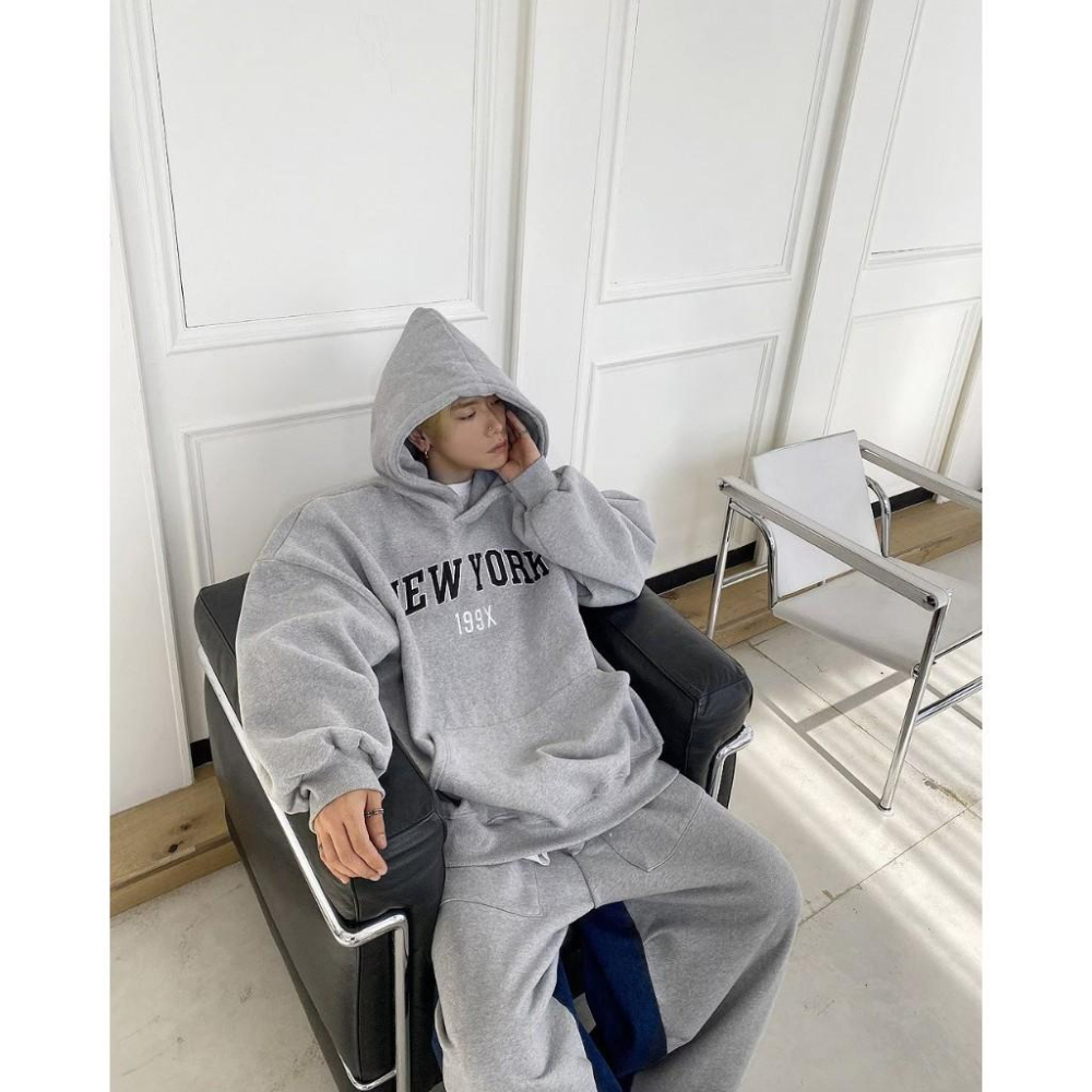 韓國 199X NEW YORK 刺繡 刷毛 帽T 韓版 帽踢 情侶衣 長袖  刺繡 內刷毛 寬鬆 男女皆可 落肩 男裝-細節圖8