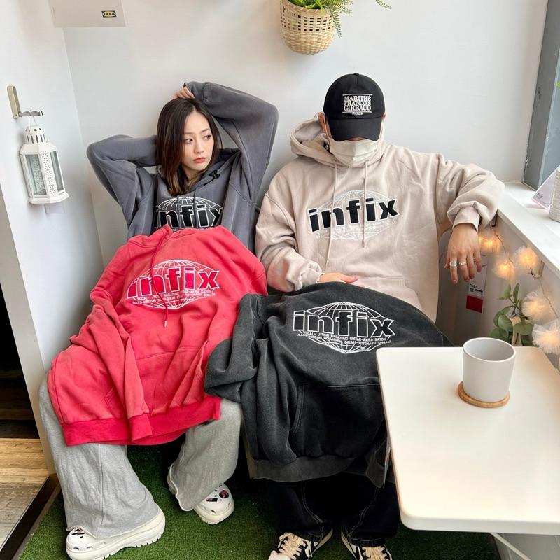 韓國洗水Infix刺繡地球帽T 帽踢 長袖 連帽上衣 男裝 女裝 情侶衣 韓系 穿搭 pop 98963-細節圖2